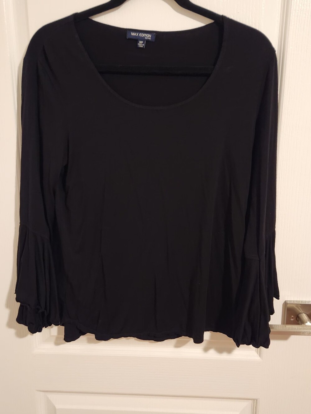 Max Edition Black Scoop Neck Long Sleeve Top with Ruffled Cuffs